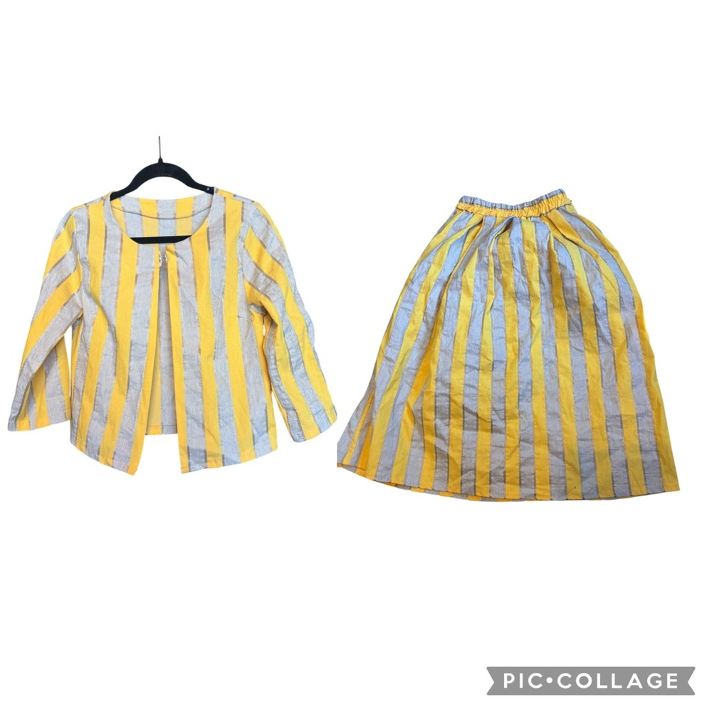 Miao Moda Women's Matching Set Jacket and Midi Skirt Yellow Gray Stripe Small